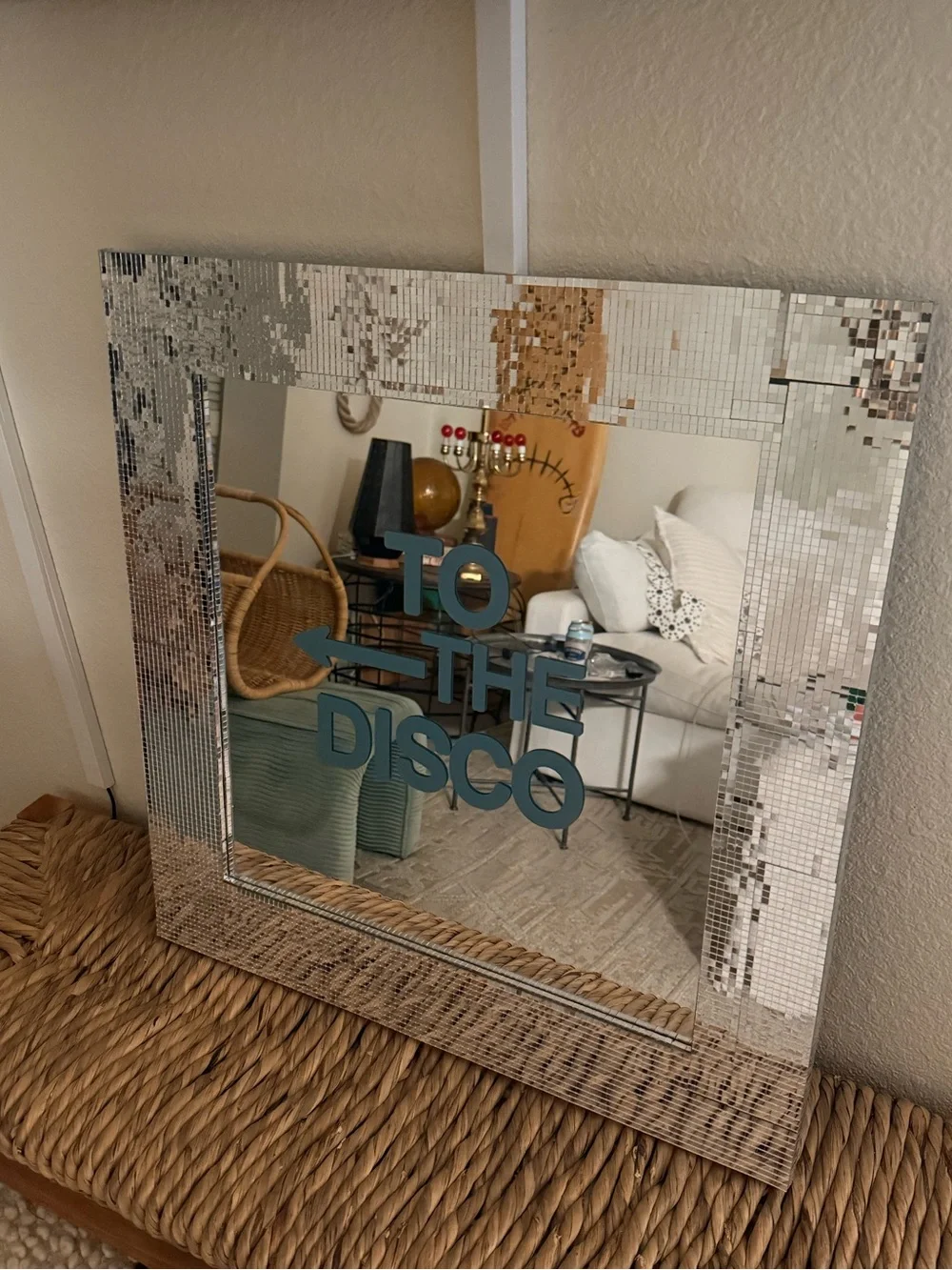 Rare Y2k art deco style IKEA disco tiled over Wood Square 23” Wall Mirror